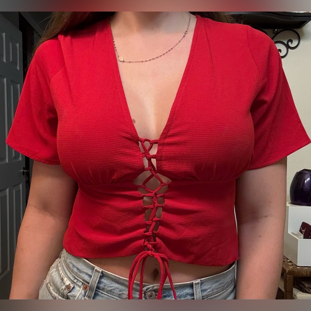 Red Lace-Up V-Neck Top